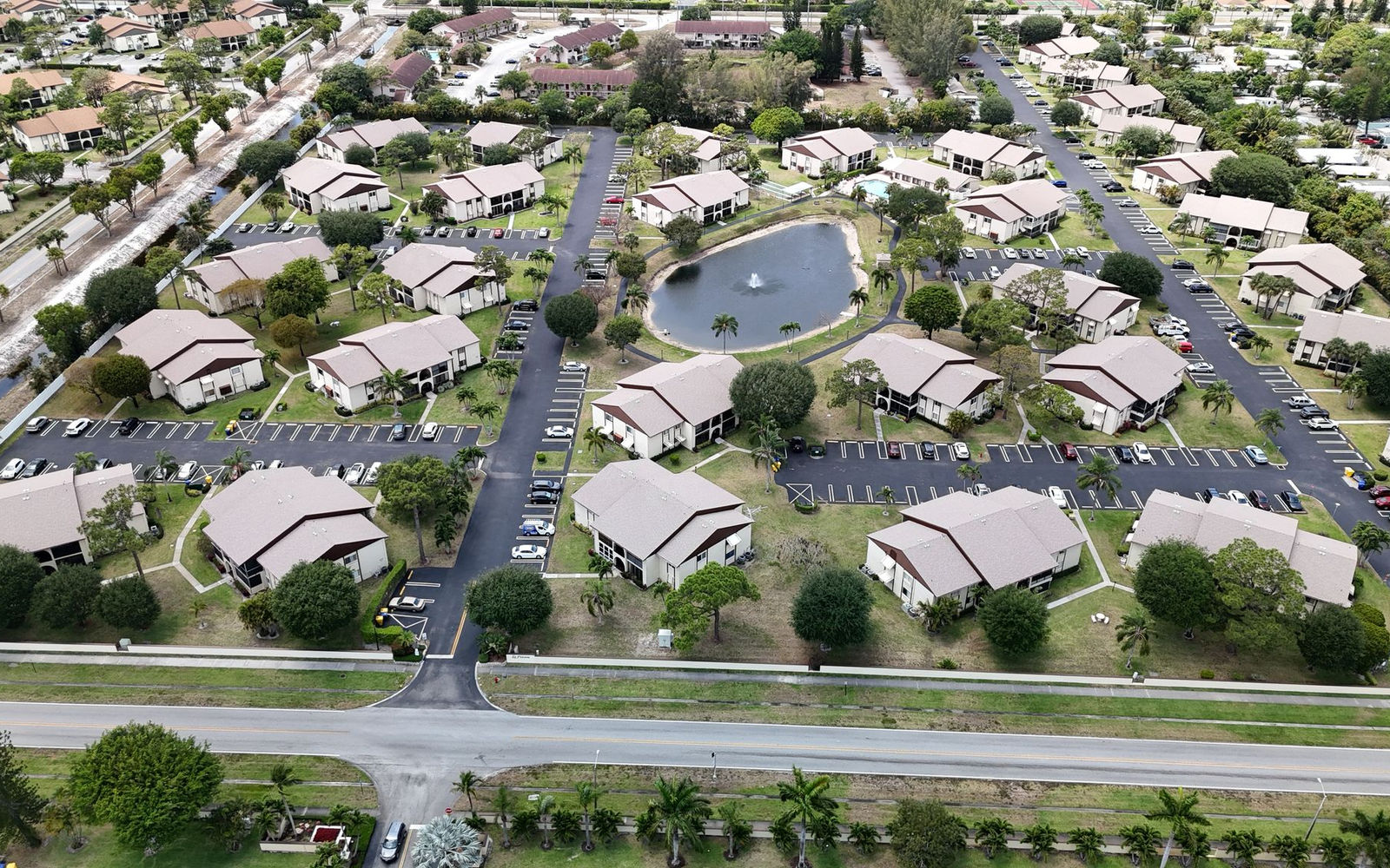 Aerial view of a completed residential community roofing program